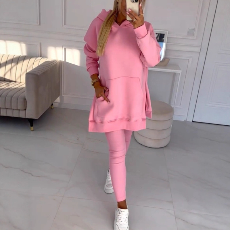 Cross-Border Women's Clothing 2026 Amazon European and American Sports Casual Hooded Sweatshirt Thickened Ribbed Leggings Two-Piece Set