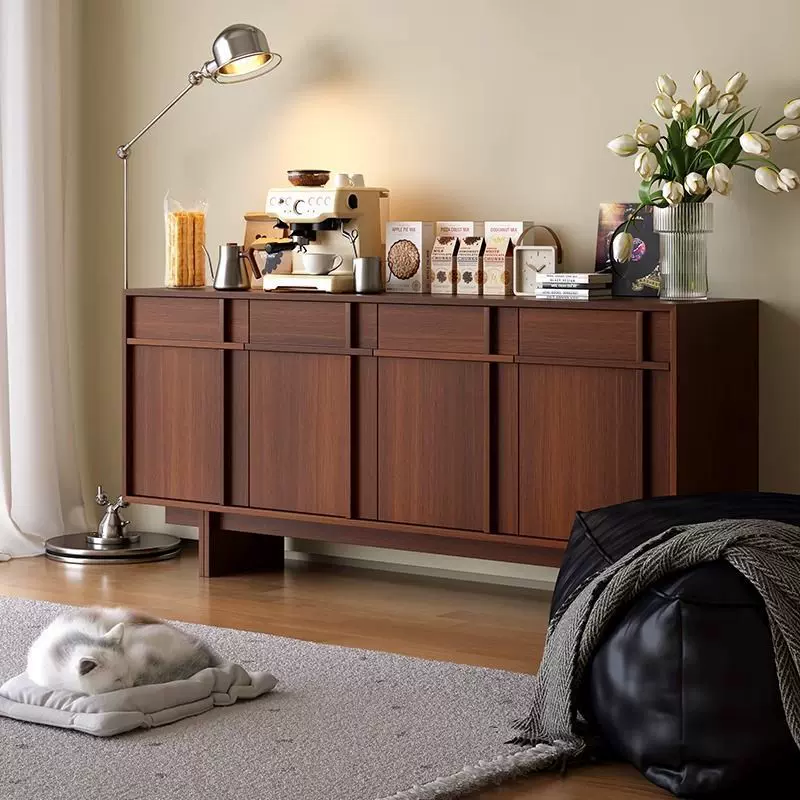 骨骼线餐边柜中古胡桃边柜一体靠墙储物柜复古实木置物柜橱柜碗柜