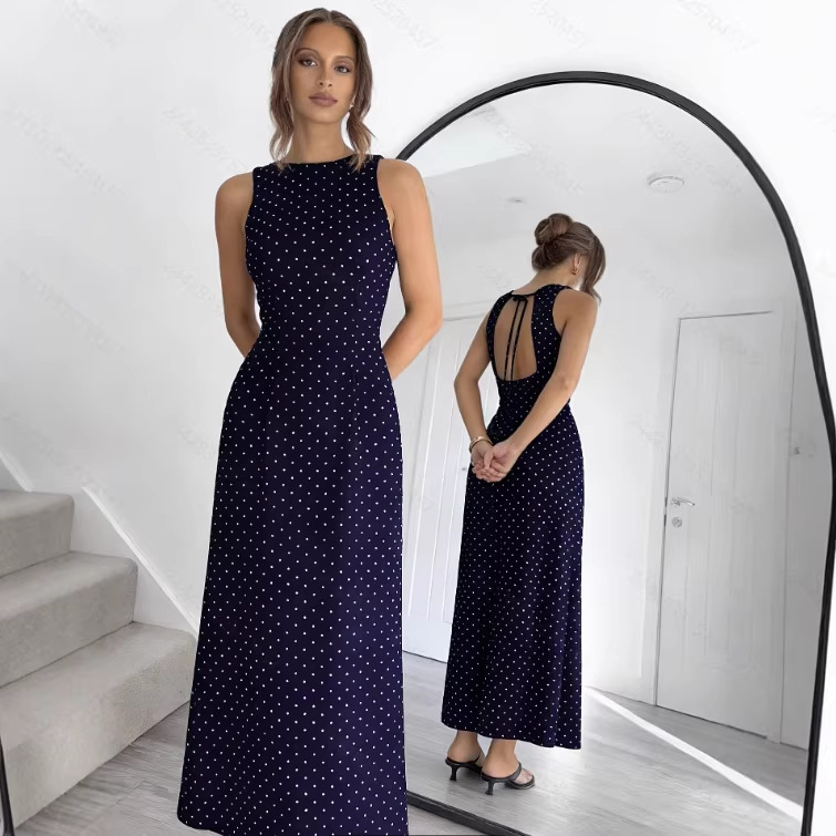 2026 Cross-Border Amazon European and American French Retro Slim-Fitting Short-Sleeved Dress Polka Dot Vacation Seaside Dress