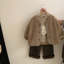 韩版女童秋冬新款卡通连帽毛衣毛毛外套2025百搭加绒豹纹裤三件套