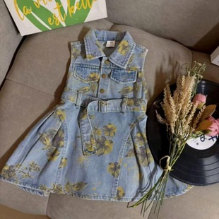 Girls Sleeveless Denim Skirt 2025 Summer New Korean Style Children's Lapel Waist Printed Sleeveless Vest Dress