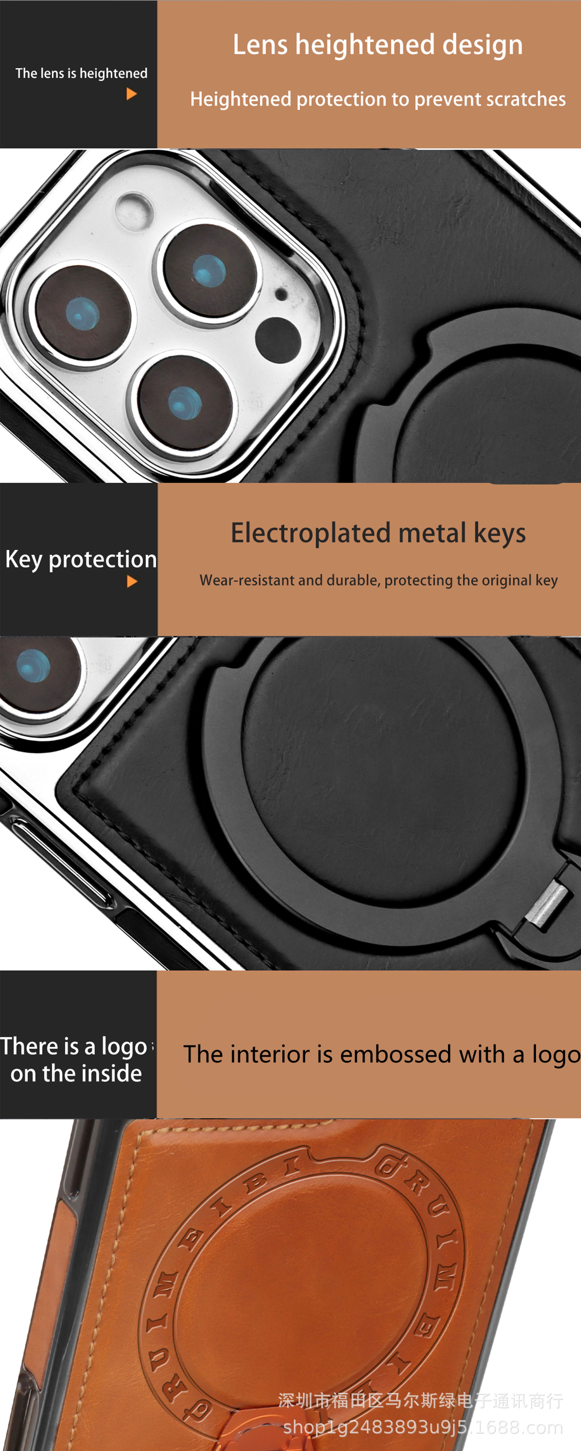 Ốp lưng da cao cấp cho iPhone 16, chống rơi, tích hợp giá đỡ từ tính xoay — Màu đen, Nâu thanh lịch, Nâu mocha, Màu xám chi tiết 8