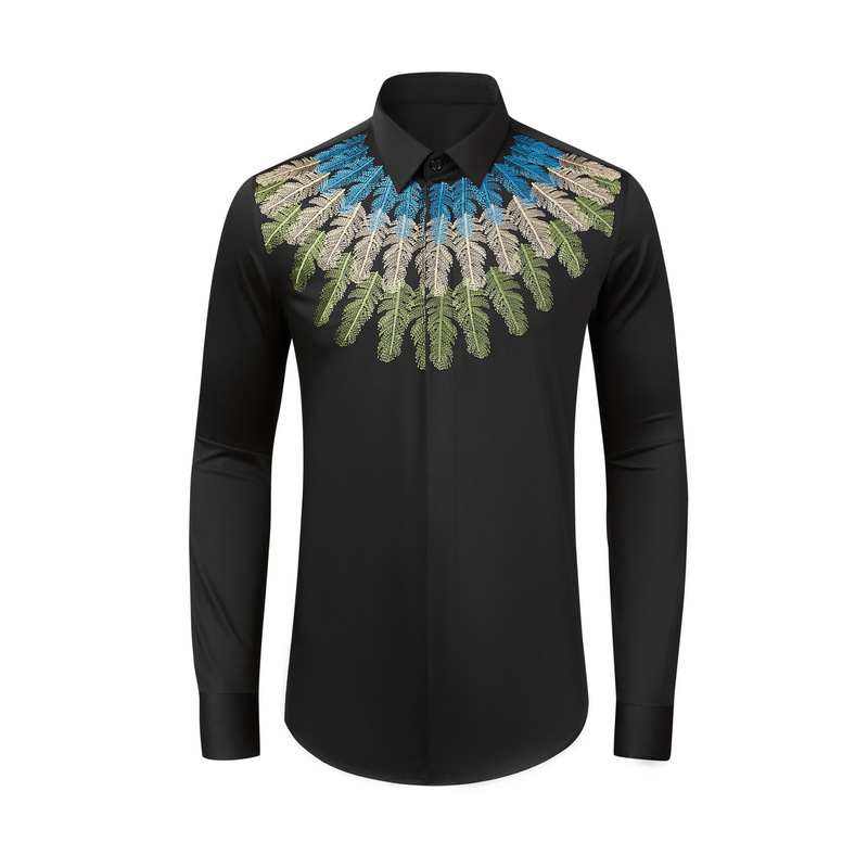 2026 New Style Feather Embroidery Men's Shirt Long-Sleeve Non-Iron Slim Fit National Style Fashion Men's Trendy Clothing
