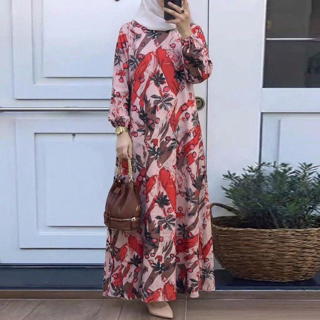 In Stock Cross-Border New Printed Middle Eastern Muslim Malay Full Sleeve Round Neck Robe Long Dress Factory Wholesale_ecoleips.com