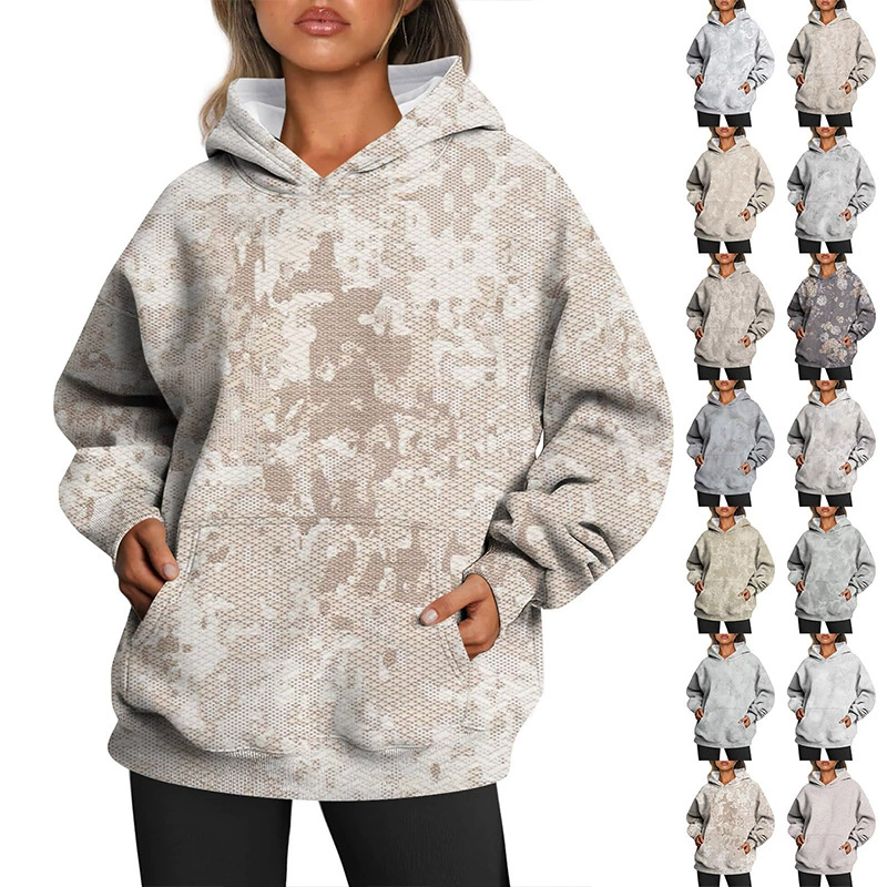 Amazon, осенняя Новая женская камуфляжная толстовка с капюшоном и принтом кленового листа, спортивный свитер больших размеров с капюшоном и карманом