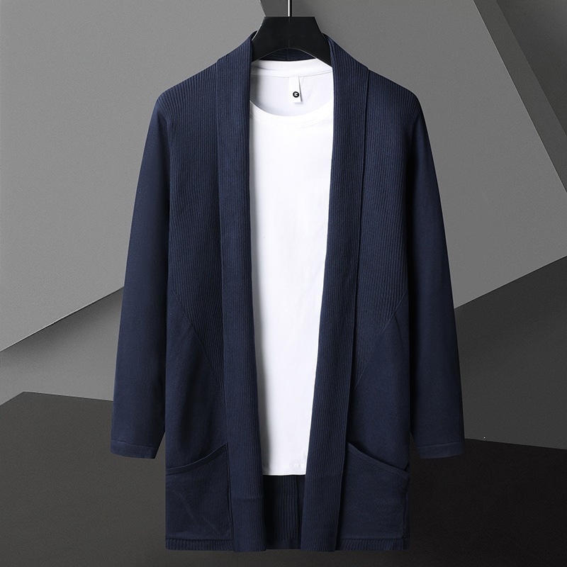 202 Autumn and Winter New Men's Mid-Length Korean Style Slim-Fit Trench Coat Men's Knitwear Large Size Cardigan Jacket Wholesale