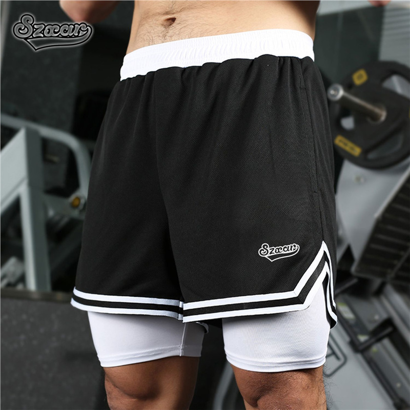 Szxar Basketball Training Shorts Men's Fake Two-Piece Fitness Running Sports Quick-Drying Breathable Marathon Three-Point Pants Summer