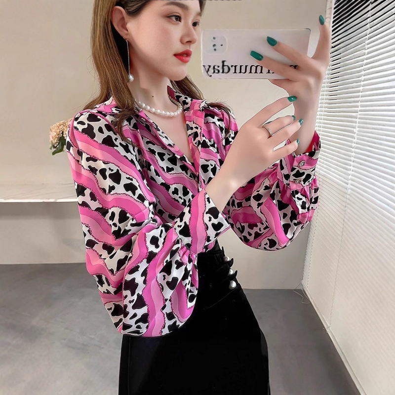 Spring and Autumn Style Fashion Milk Spot Print Shirt for Women 2025 New Turn-Down Collar Slimming Lantern Sleeve Top