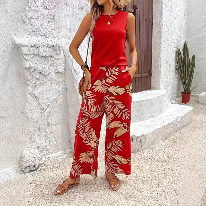 Cross-Border Amazon Europe and America 2025 New Printed Casual Pants French Tropical Print Casual Straight Pants Wide-Leg Pants