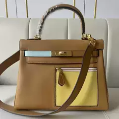 2024 New Women's Kelly 28 Bag - Two-Tone Patchwork, Top-Layer Calfskin, Box Stitch Kelly Bag, Shoulder, Crossbody & Handheld