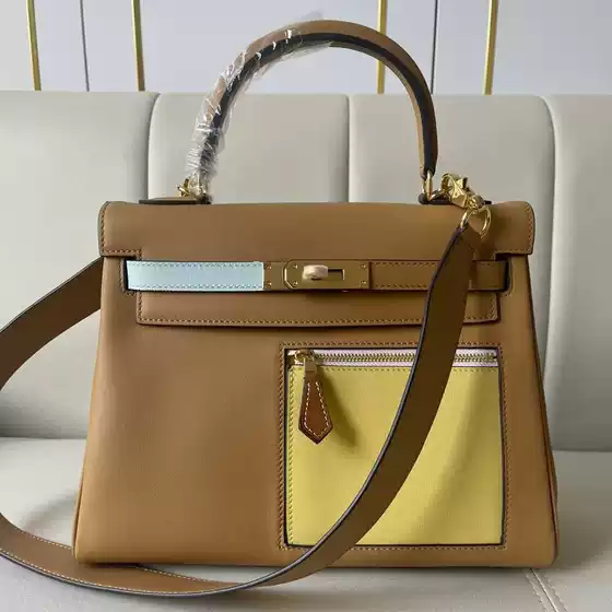2024 New Women's Kelly 28 Bag - Two-Tone Patchwork, Top-Layer Calfskin, Box Stitch Kelly Bag, Shoulder, Crossbody & Handheld