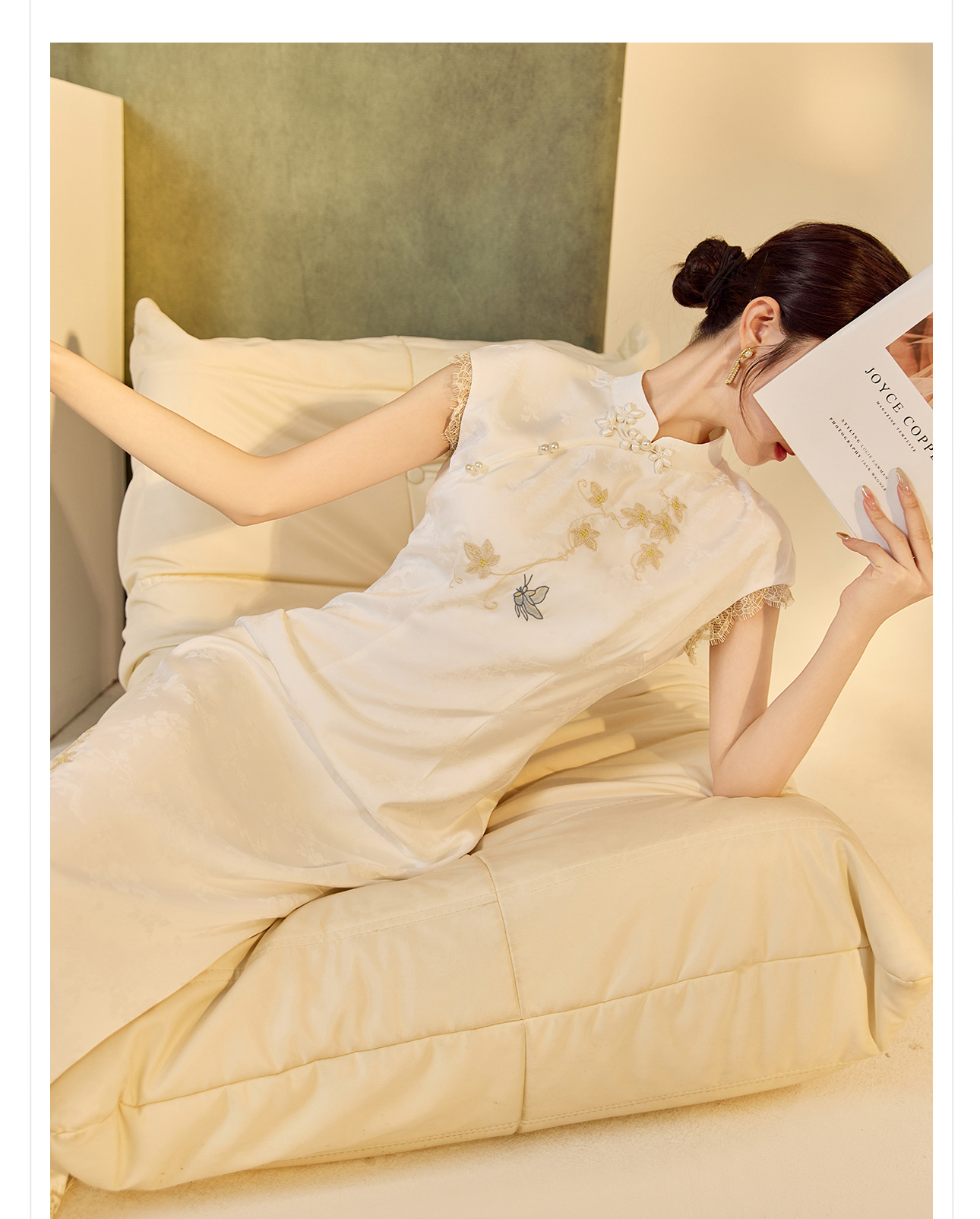 Đầm tay phồng cổ đứng phong cách Trung Hoa mùa hè, sườn xám thêu cải tiến cao cấp — Màu trắng, Màu mơ chi tiết 23