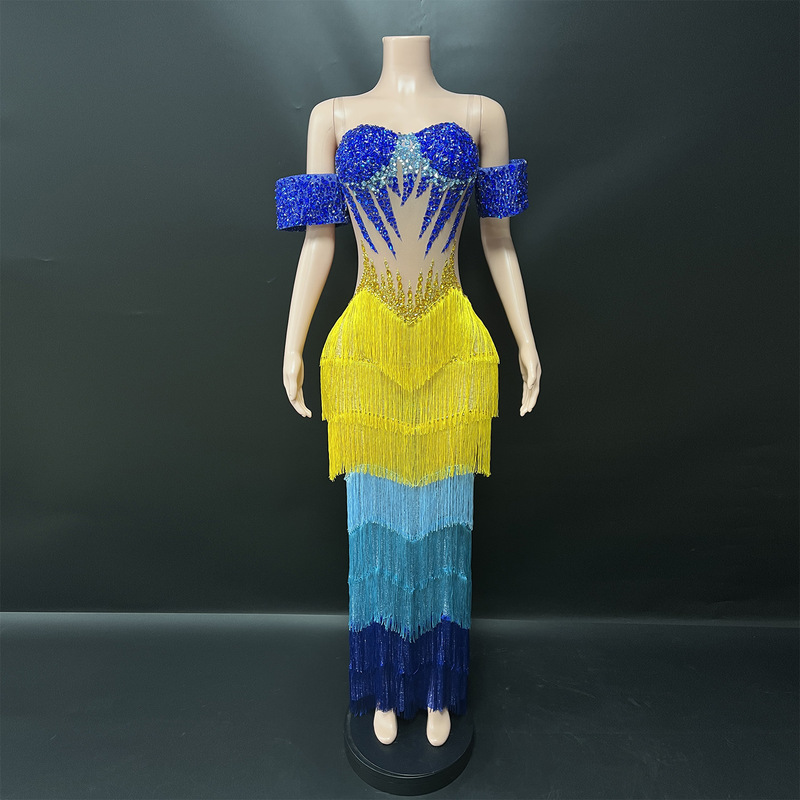 Unique and Distinctive One-Shoulder Blue and Yellow Gradient Tassel Long Dress for Studio Photoshoots, Beauty Pageants, Red Carpet, and Solo Performances