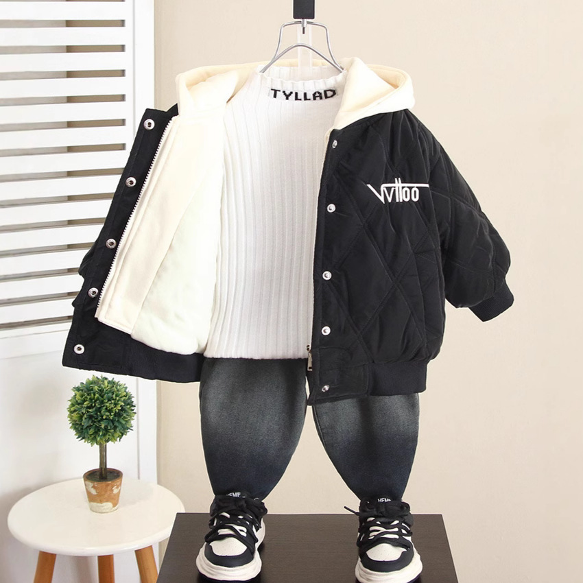 6572 Chaqueta de algodón para niños Chaqueta de algodón de dos piezas falsa para niños Otoño e invierno 2025 Nuevos niños Ropa gruesa de estilo coreano