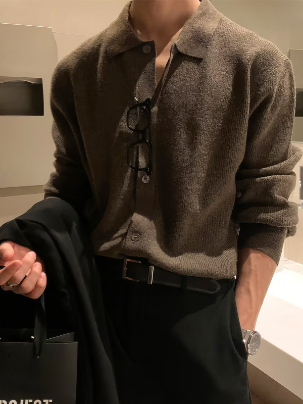 翻领针织衫男春秋新款休闲百搭宽松美式复古潮流开衫长袖毛衣外套|undefined