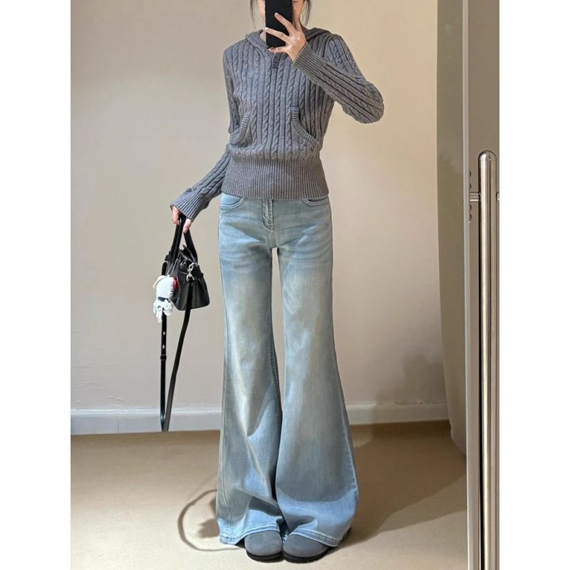 Retro Light-Colored Low-Waist Bootcut Jeans for Women in Autumn New Loose Wide-Leg Slimming Look Straight-Leg Flared Pants