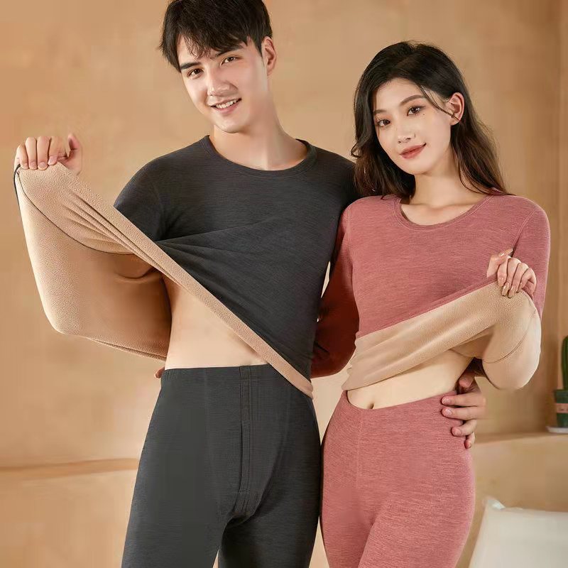 Wholesale thermal underwear men's thickened fleece-lined winter heating young and middle-aged lambswool autumn clothes long pants couple suit women