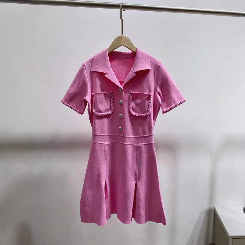 French single M family spring/summer 2022 New polo collar pink linen lace slim knit dress women
