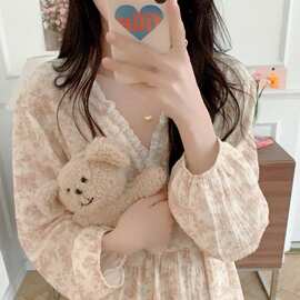 2026春季新款睡袍女宽松碎花加大长款双层纱睡衣家居服