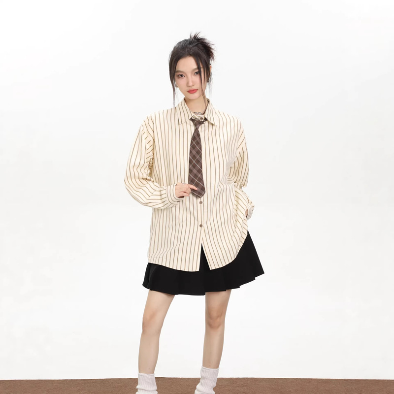 Spring Striped Raglan Sleeve Versatile Retro College Style Shirt for Women Japanese Long-Sleeve Design Tie Shirt Top