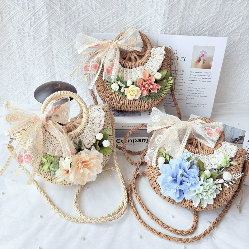 Соломенная сумка на ремешке с искусственными цветами. Набор материалов «сделай сам», большая сумка ручной работы для разогрева, командообразования, салона, праздничного подарка.