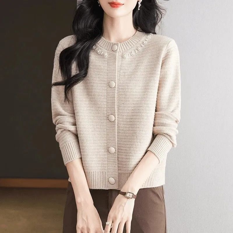 秋冬の女性のためのファッショナブルなレトロなニットカーディガン、新しいスタイルの韓国スタイルのラウンドネック年齢を軽減するセータージャケット、ショートスタイル|undefined