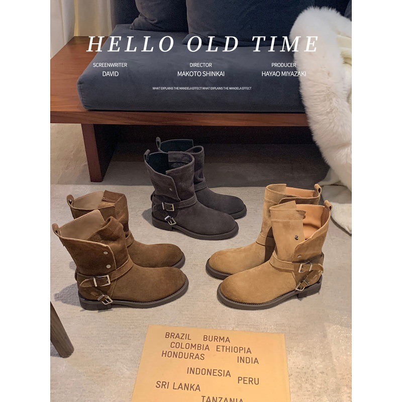 羊皮版~真皮厚底可翻折扣带西部靴女复古擦色粗跟短筒棕色骑士靴