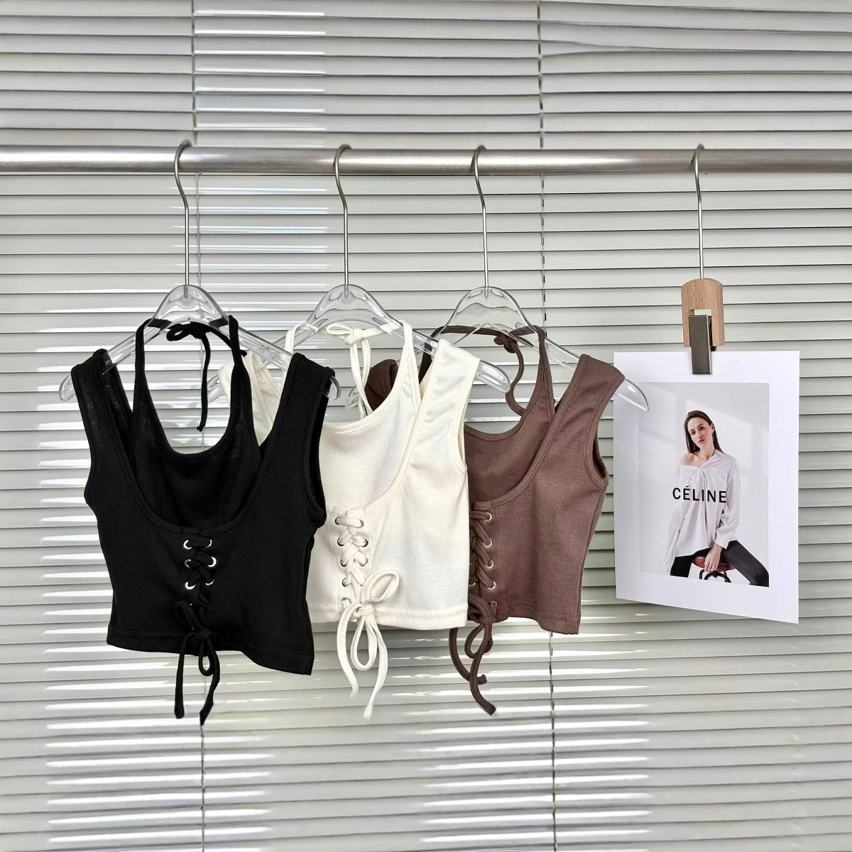 Girls' halter neck camisole, 2026 summer new style, eyelet tie-up faux two-piece trendy halter neck camisole.