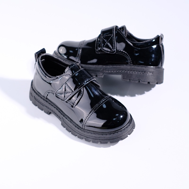 Children's Shoes Wholesale 2026 Pure Black Student Season School Shoes for Older Children Leather Patchwork Boys' Leather Shoes Black School Shoes