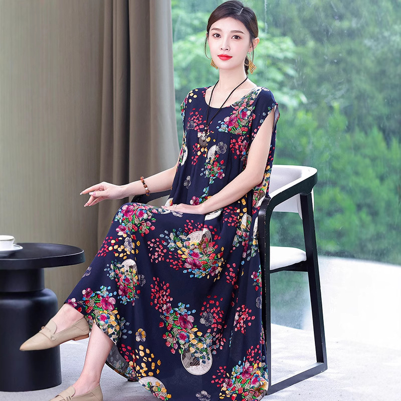 棉绸妈妈夏装连衣裙中老年大码女装200斤宽松人造棉无袖新款裙子
