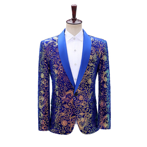 Men's blue gold velveteen moire sequins color singers host jazz dance solo blazers suit host singers dress suit for male photos shooting model show coat for man