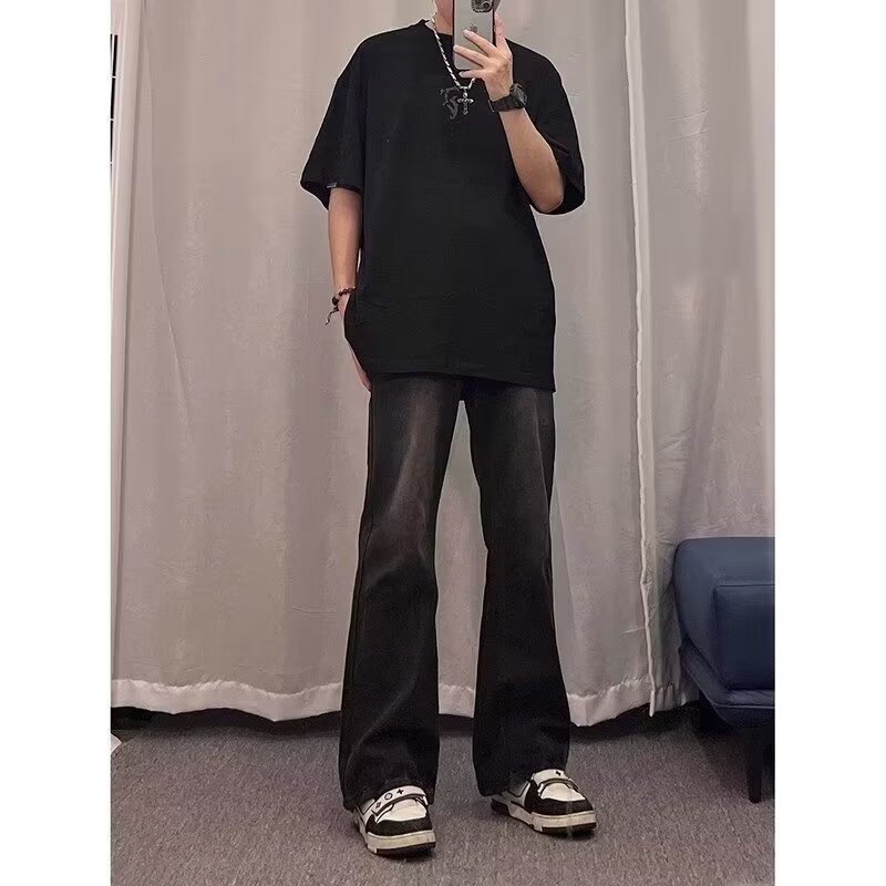 2024 primavera y otoño nuevo estilo americano calle alta suelta recta pantalones largos casuales negros marca de moda jeans para hombres