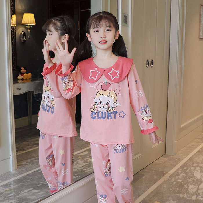 15 años de edad nueva primavera y otoño de los niños pijamas de manga larga de las mujeres lindo princesa muñeca collar de las mujeres mayores de algodón peinado desgaste del hogar de los niños