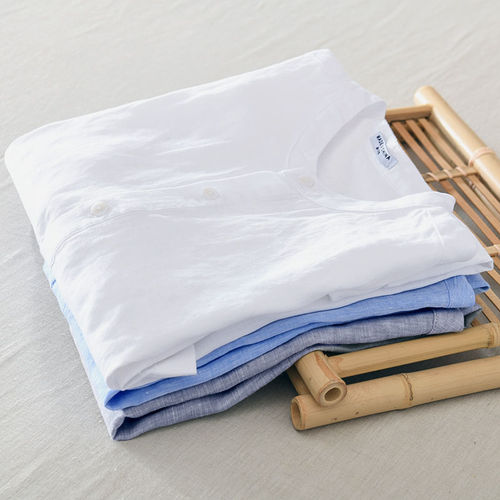 A breathable linen T-shirt, summer thin retro linen small stand-up collar short-sleeved shirt for men, half-sleeve white