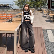 慕韩舍 美式黑色复古高腰宽松阔腿裤腰带调节百搭秋冬牛仔裤女