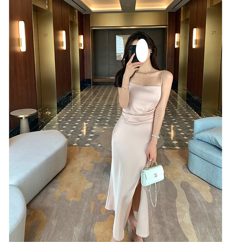 New Pink Satin Slit Slip Skirt Dress Dress Women's Summer Backless Waist Slimming Elegant French dress New Pink Satin Slit Slip Skirt Dress Dress Women's Summer Backless Waist Slimming Elegant French dress