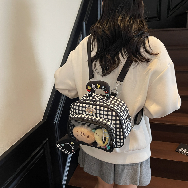 日系新款高颜值休闲背包大容量可爱吧唧格子透明层痛包学生双肩包|undefined