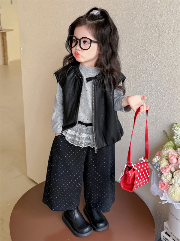 女童秋装套装2025新款女宝宝秋季洋气时髦打底衫韩版皮马甲三件套|undefined