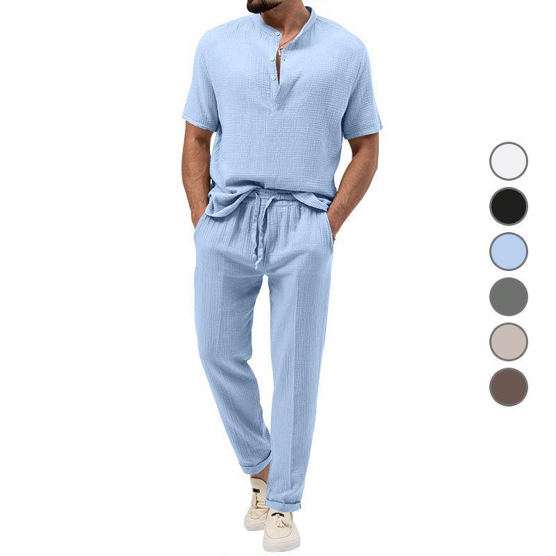 Men's Casual 3-Piece Outfit, Short Sleeve T-Shirt & Shirt With Trousers, Solid Color Summer Lounge Set_viptrois.com