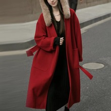 聖誕紅浴袍雪后2.0 羊毛雙面呢狐狸毛領連帽大衣女冬季毛呢外套