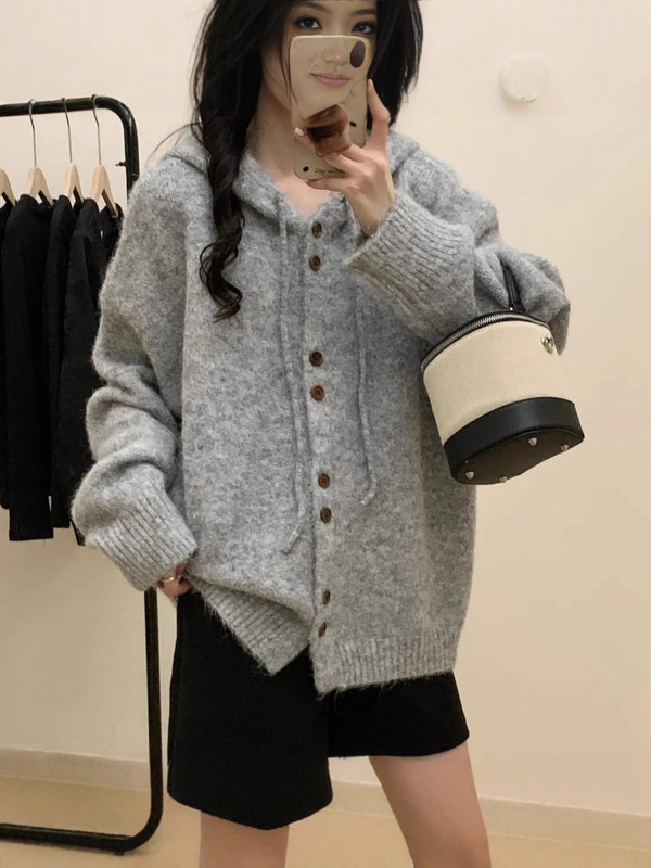 软糯连帽宽松毛衣针织开衫外套女秋冬2025新款慵懒风高级感上衣潮|undefined