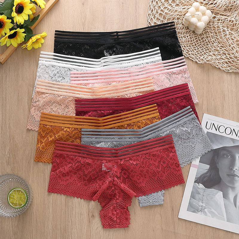 新品歐美性感內褲女士中低腰蕾絲镂空透氣彈力平角大丁字褲褲
