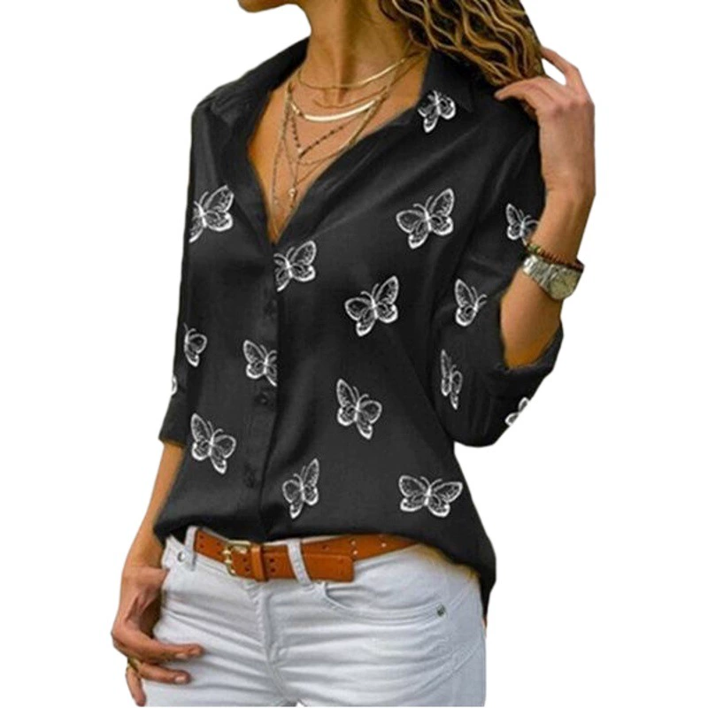 2020 Разноцветная бабочка с принтом рыхлый лацканный рубашка для женщин