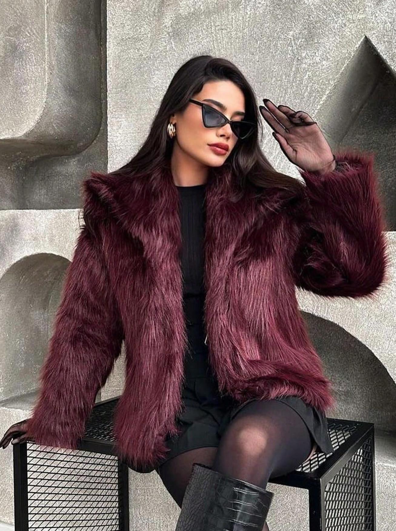 1743g Weight Faux Fur Coat Outerwear Type Long Sleeve Sleeve Length Polyester Fabric Type Regular Top Length Coat Tops Type Daily Occasion Turndown Neckline Loose Fit Type Solid Color Pattern Winter, Spring, Autumn Season Women's Gender Elegant Style Wine Red Color Women's Elegant Solid Color Coat Faux Fur Coat 2