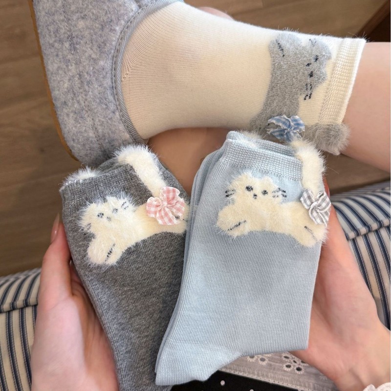 冬可爱卡通立体毛绒小猫中筒女袜韩版甜美少女格子蝴蝶结堆堆袜|undefined