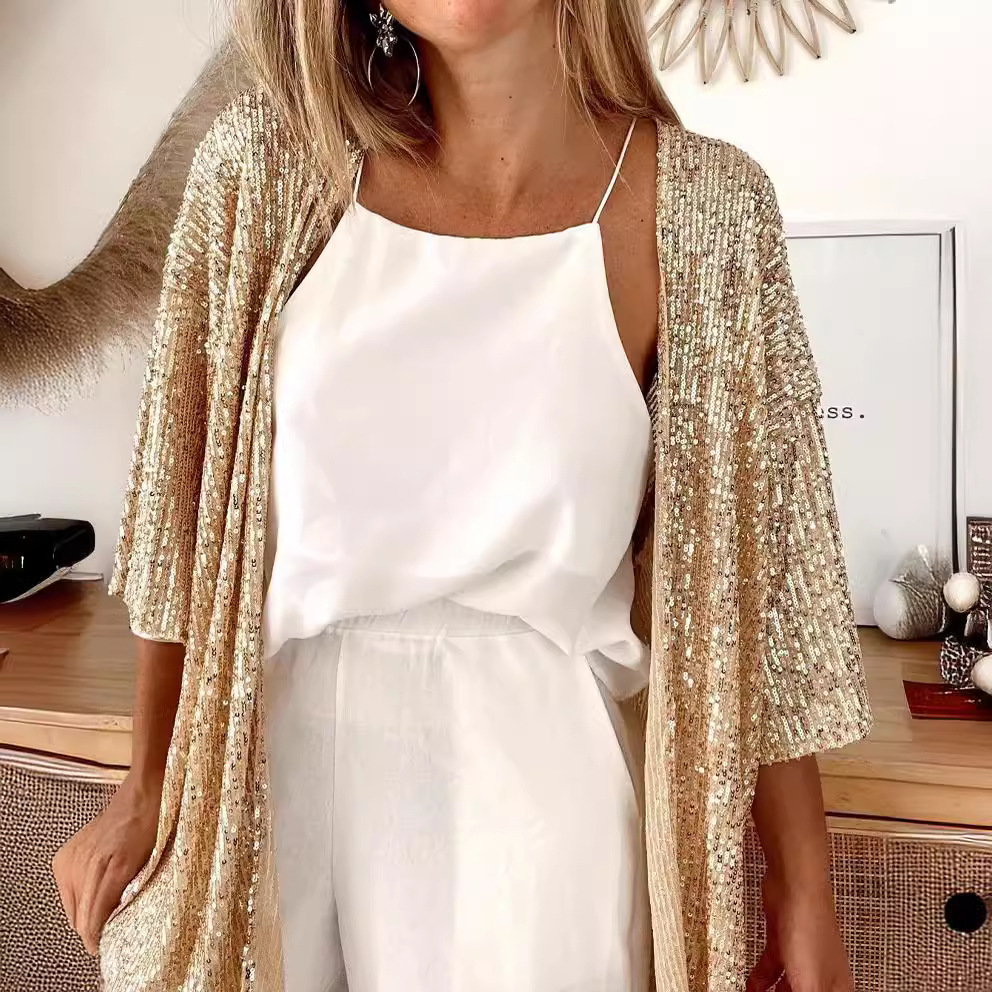 Venta directa de estación independiente, chaqueta de color superior holgada con lentejuelas para mujer, talla grande, nueva colección otoño 2025, estilo europeo y americano.