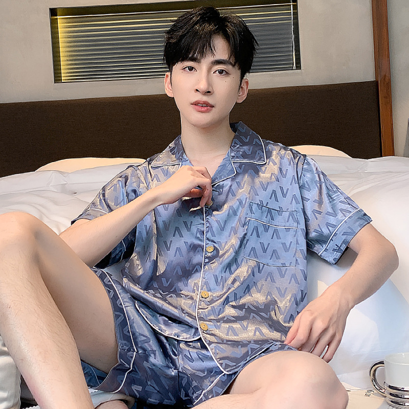 자카드 아이스 실크 파자마 남자 여름 반팔 반바지 카디건 단색 한국 스타일 외주 대형 홈 세트