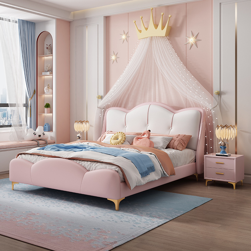 Children's bed, girl princess bed, cartoon cute pink, internet celebrity bed 1.2m single bed 1.5m genuine leather bed 1.35m
