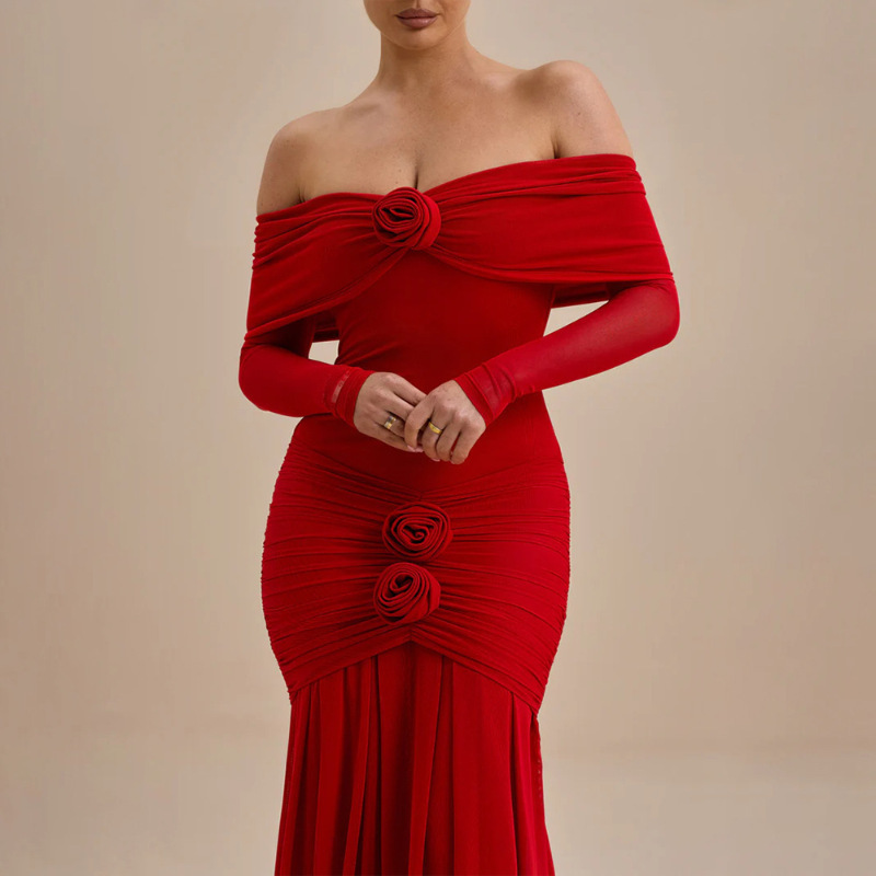 Europa y los Estados Unidos de comercio exterior ropa de mujer otoño 2025 nuevo temperamento de moda de color sólido plegado delgado vestido de hombro de manga larga image 3