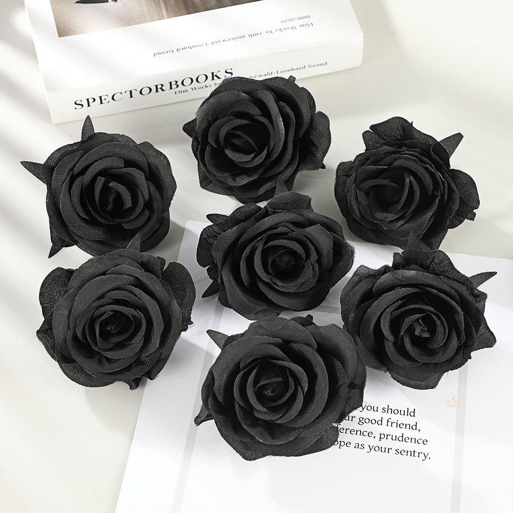 Factory direct pure black rose simulation silk cloth flower head artificial flower decoration material dark gothic style shooting